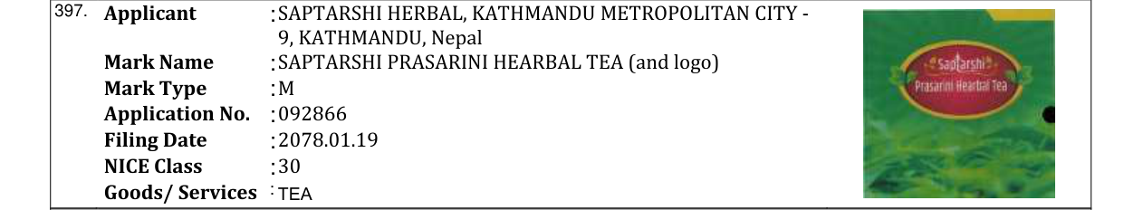 Original bulletin entry for SAPTARSHI PRASARINI HEARBAL TEA (and logo)