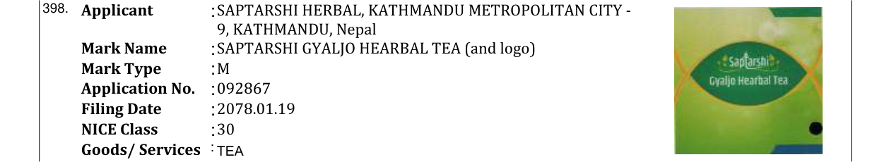 Original bulletin entry for SAPTARSHI GYALJO HEARBAL TEA (and logo)
