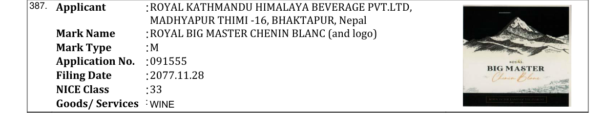 Original bulletin entry for ROYAL BIG MASTER CHENIN BLANC (and logo)