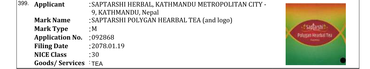 Original bulletin entry for SAPTARSHI POLYGAN HEARBAL TEA (and logo)
