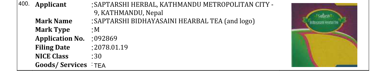 Original bulletin entry for SAPTARSHI BIDHAYASAINI HEARBAL TEA (and logo)