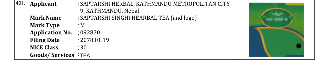 Original bulletin entry for SAPTARSHI SINGHI HEARBAL TEA (and logo)