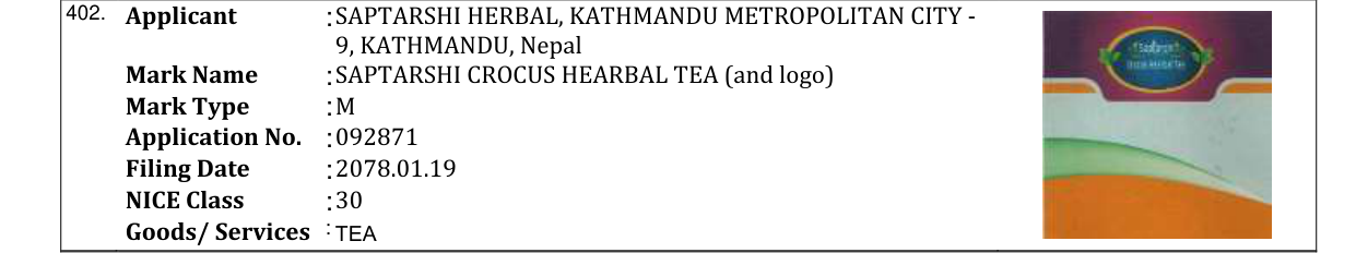 Original bulletin entry for SAPTARSHI CROCUS HEARBAL TEA (and logo)