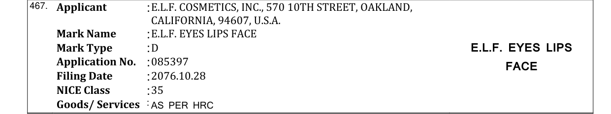 Original bulletin entry for E.L.F. EYES LIPS FACE