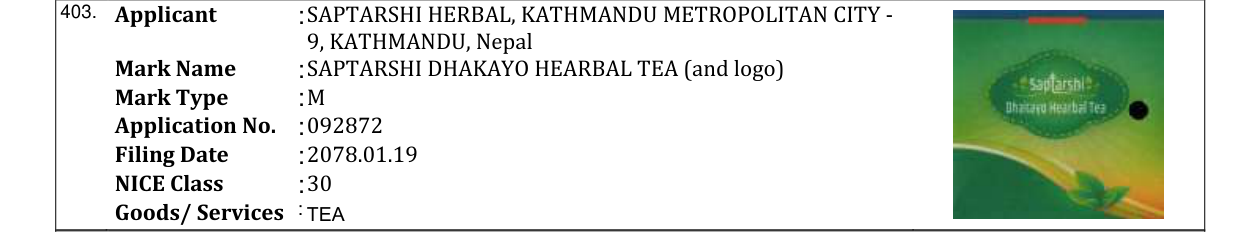 Original bulletin entry for SAPTARSHI DHAKAYO HEARBAL TEA (and logo)