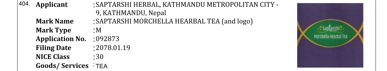 Original bulletin entry for SAPTARSHI MORCHELLA HEARBAL TEA (and logo)