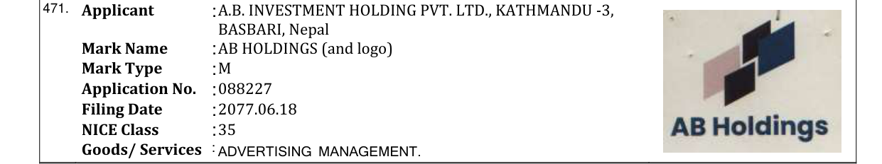 Original bulletin entry for AB HOLDINGS (and logo)
