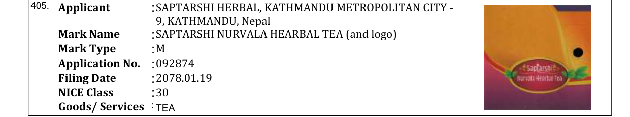 Original bulletin entry for SAPTARSHI NURVALA HEARBAL TEA (and logo)