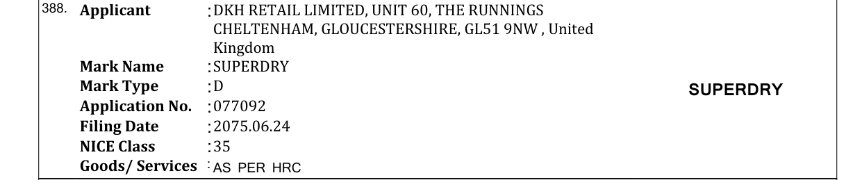 Original bulletin entry for SUPERDRY