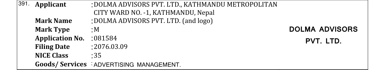 Original bulletin entry for DOLMA ADVISORS PVT. LTD. (and logo)