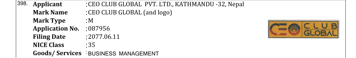 Original bulletin entry for CEO CLUB GLOBAL (and logo)
