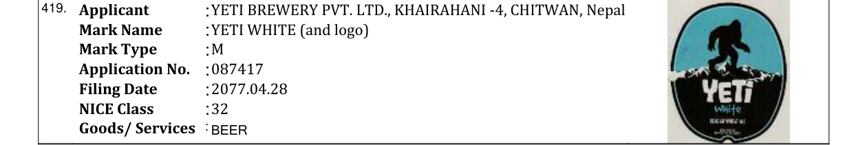 Original bulletin entry for YETI WHITE (and logo)
