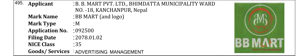Original bulletin entry for BB MART (and logo)