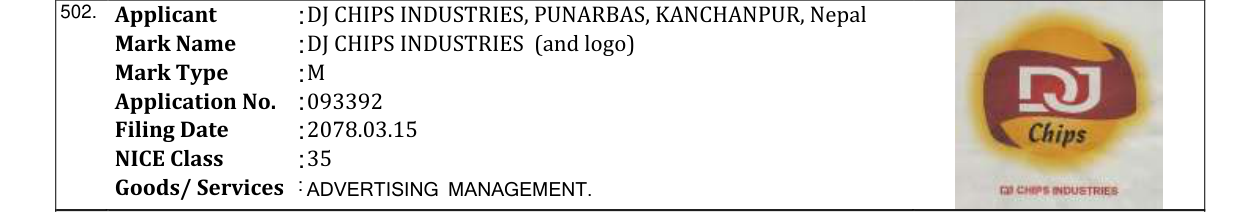 Original bulletin entry for DJ CHIPS INDUSTRIES (and logo)