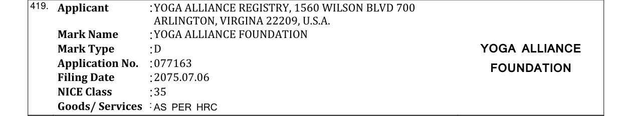 Original bulletin entry for YOGA ALLIANCE FOUNDATION