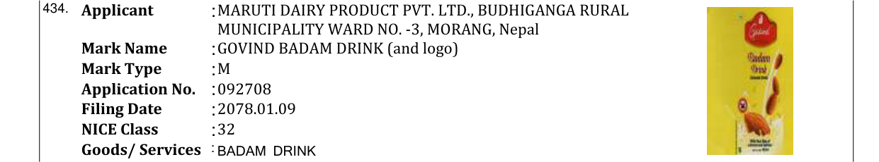 Original bulletin entry for GOVIND BADAM DRINK (and logo)