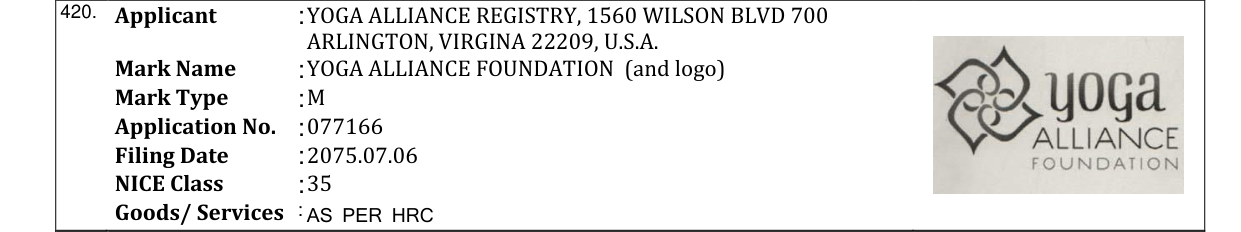 Original bulletin entry for YOGA ALLIANCE FOUNDATION (and logo)