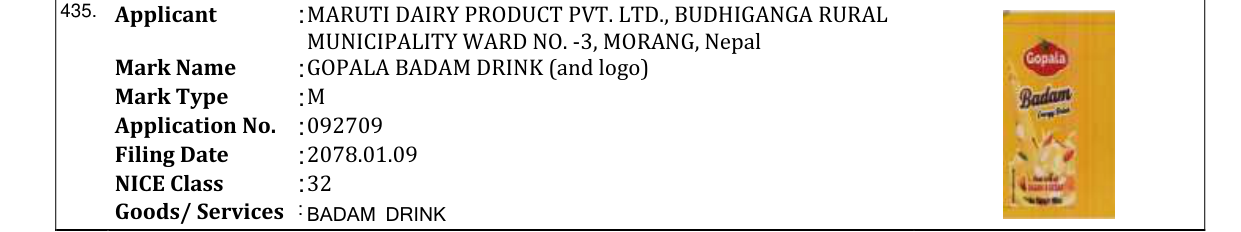 Original bulletin entry for GOPALA BADAM DRINK (and logo)