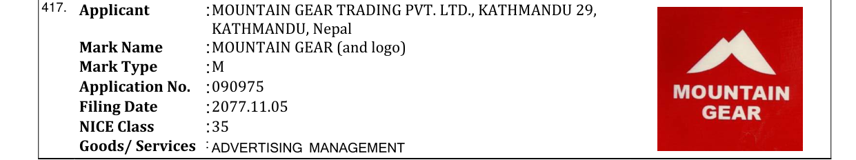Original bulletin entry for MOUNTAIN GEAR (and logo)