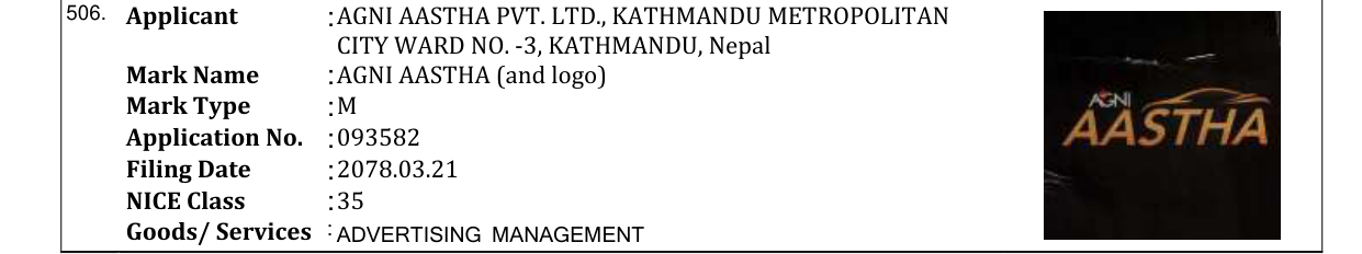 Original bulletin entry for AGNI AASTHA (and logo)
