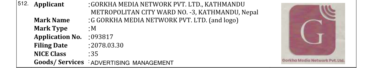 Original bulletin entry for G GORKHA MEDIA NETWORK PVT. LTD. (and logo)