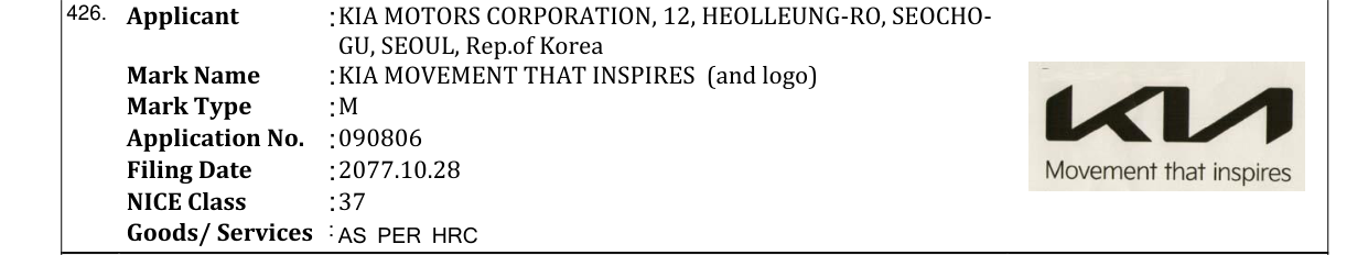 Original bulletin entry for KIA MOVEMENT THAT INSPIRES (and logo)
