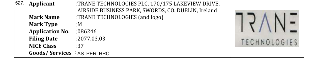 Original bulletin entry for TRANE TECHNOLOGIES (and logo)