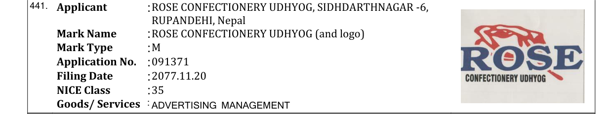 Original bulletin entry for ROSE CONFECTIONERY UDHYOG (and logo)