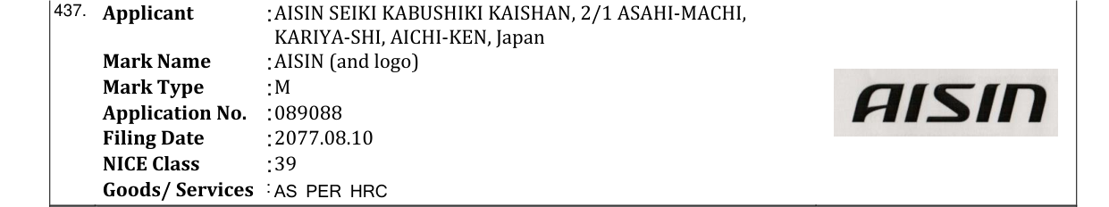Original bulletin entry for AISIN (and logo)