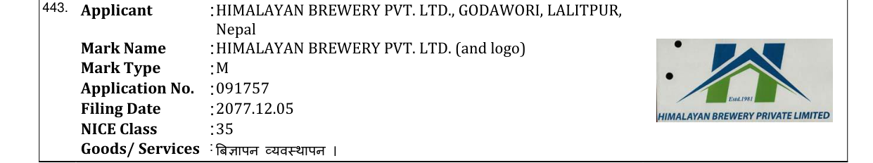 Original bulletin entry for HIMALAYAN BREWERY PVT. LTD. (and logo)
