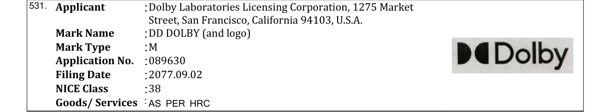 Original bulletin entry for DD DOLBY (and logo)