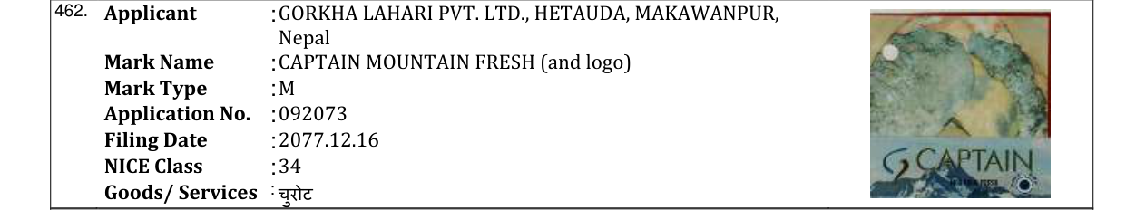 Original bulletin entry for CAPTAIN MOUNTAIN FRESH (and logo)