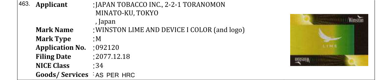 Original bulletin entry for WINSTON LIME AND DEVICE I COLOR (and logo)