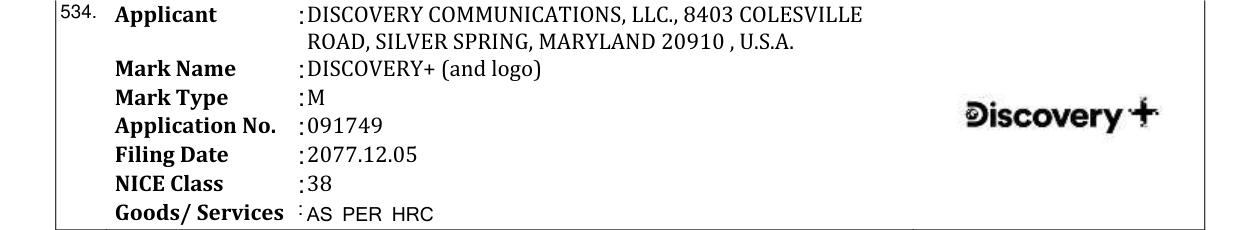 Original bulletin entry for DISCOVERY+ (and logo)