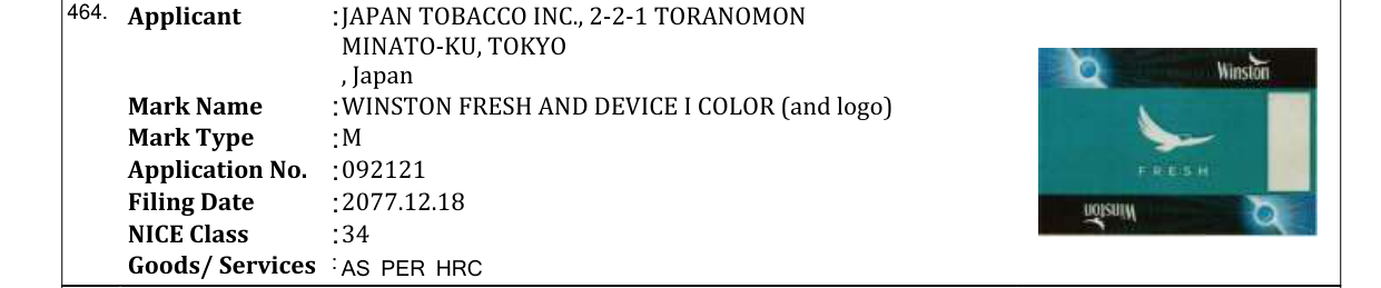 Original bulletin entry for WINSTON FRESH AND DEVICE I COLOR (and logo)