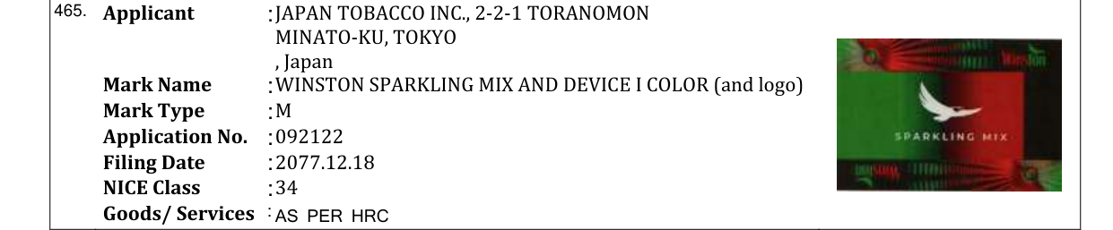 Original bulletin entry for WINSTON SPARKLING MIX AND DEVICE I COLOR (and logo)