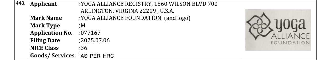Original bulletin entry for YOGA ALLIANCE FOUNDATION (and logo)
