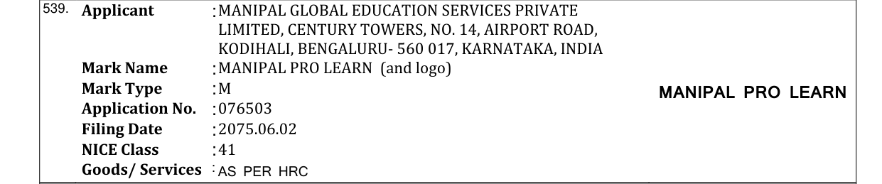 Original bulletin entry for MANIPAL PRO LEARN (and logo)