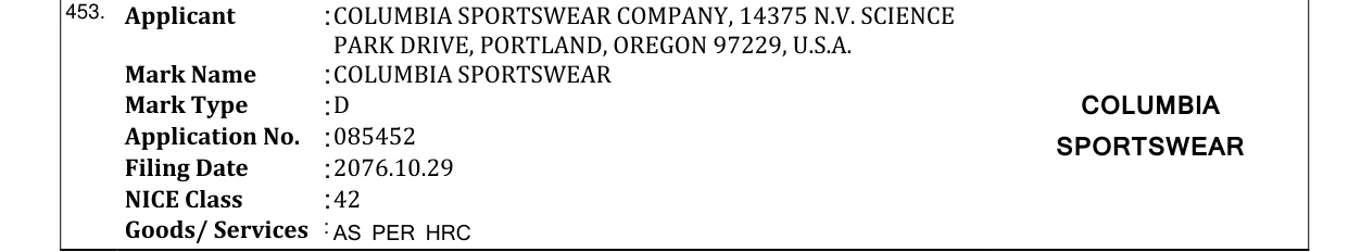 Original bulletin entry for COLUMBIA SPORTSWEAR
