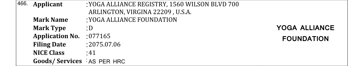 Original bulletin entry for YOGA ALLIANCE FOUNDATION