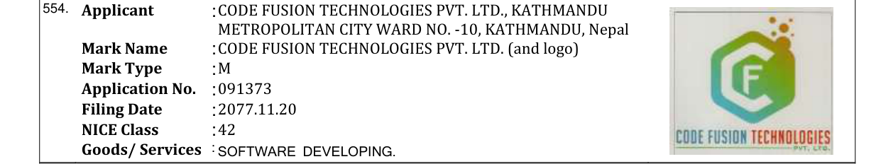 Original bulletin entry for CODE FUSION TECHNOLOGIES PVT. LTD. (and logo)