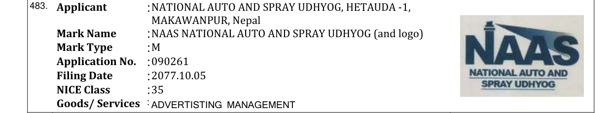 Original bulletin entry for NAAS NATIONAL AUTO AND SPRAY UDHYOG (and logo)
