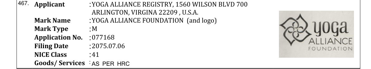 Original bulletin entry for YOGA ALLIANCE FOUNDATION (and logo)