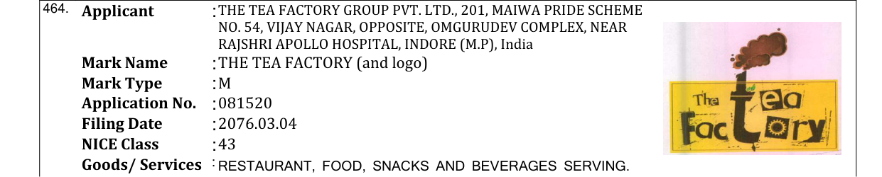 Original bulletin entry for THE TEA FACTORY (and logo)