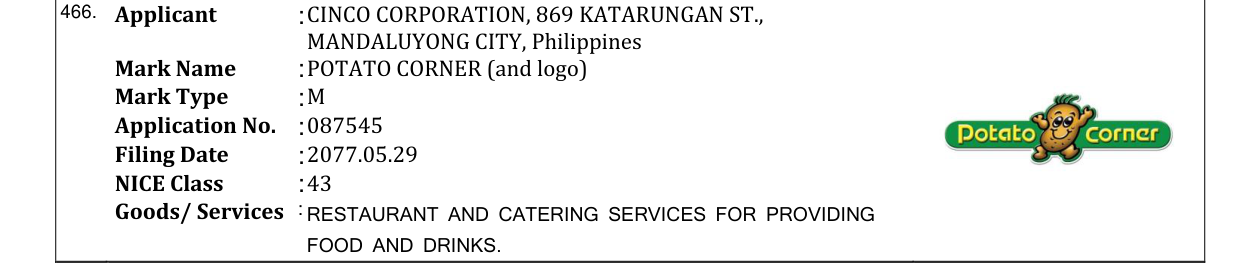 Original bulletin entry for POTATO CORNER (and logo)