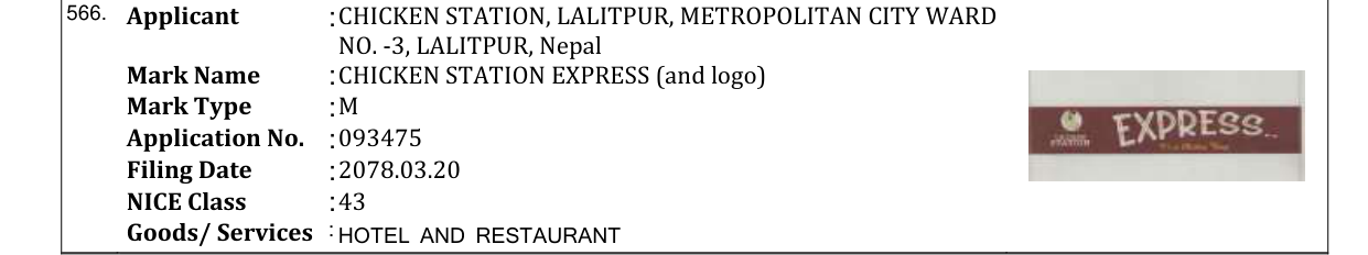Original bulletin entry for CHICKEN STATION EXPRESS (and logo)