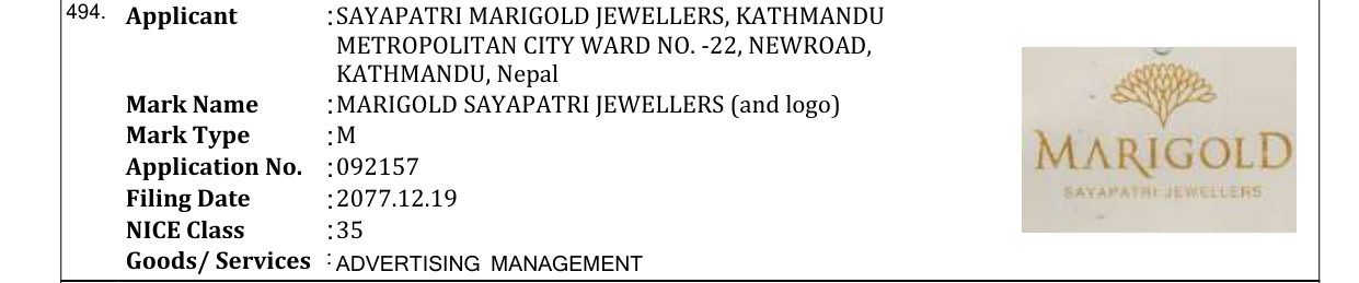 Original bulletin entry for MARIGOLD SAYAPATRI JEWELLERS (and logo)