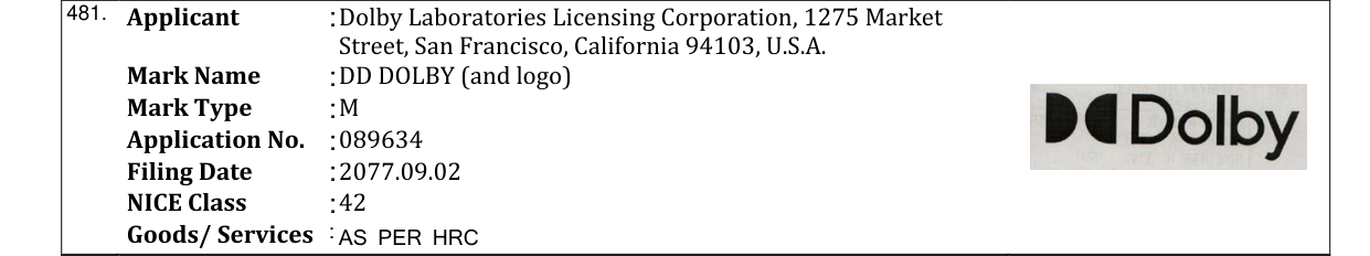 Original bulletin entry for DD DOLBY (and logo)