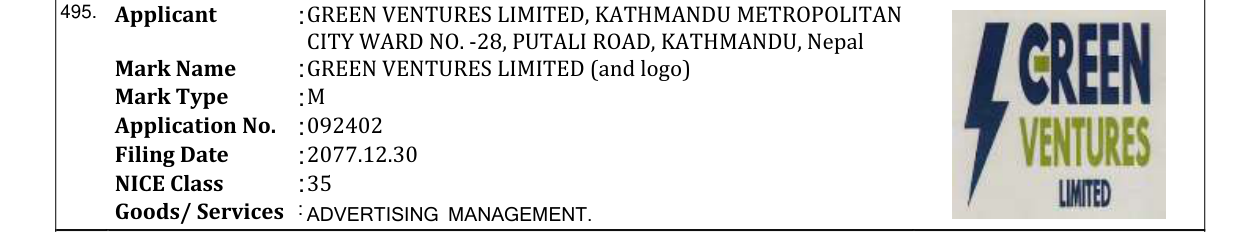 Original bulletin entry for GREEN VENTURES LIMITED (and logo)