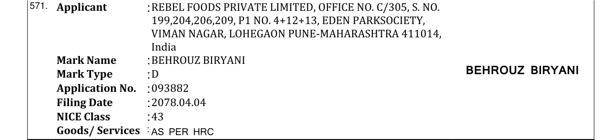 Original bulletin entry for BEHROUZ BIRYANI
